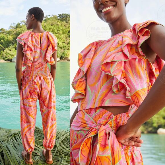 Farm Rio Bright Forest Set | Tropical Ruffle L Top, Smocked M Pants Resort Wear - Picture 2 of 10